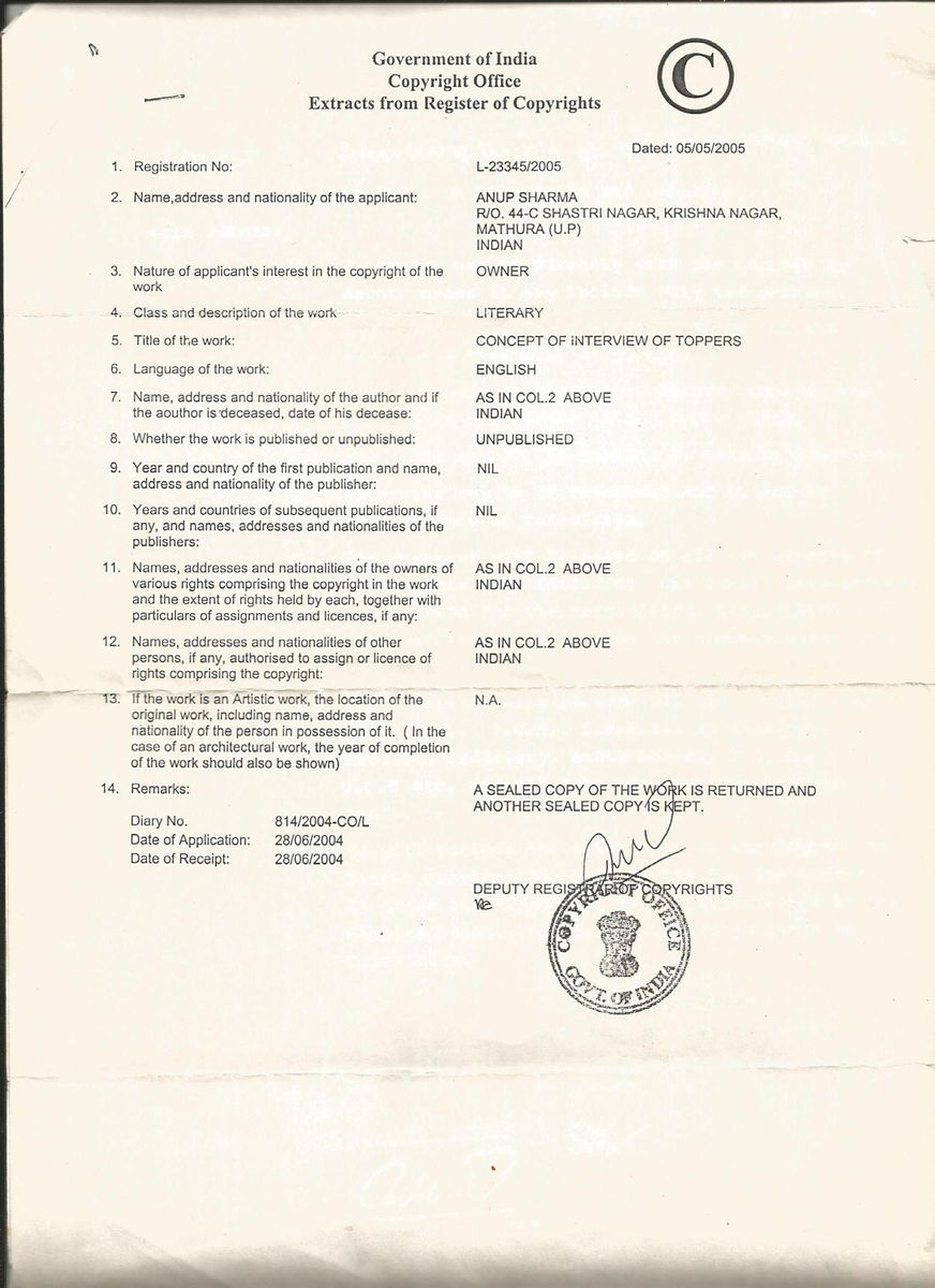 Government of India Copyright Office certificate for Interview of Toppers